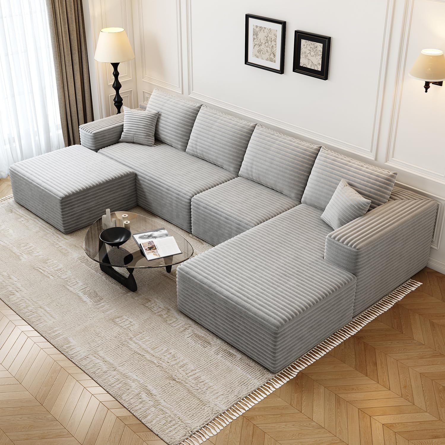 107.5" Cloud Modular Sectional Couch with 1 Ottoman,Modern Minimalist Upholstered Couches, Comfort U Shaped Sofa for Living Room,Deep Seat Corner Couch，No Assembly Required (Grey,Left Facing Chaise)