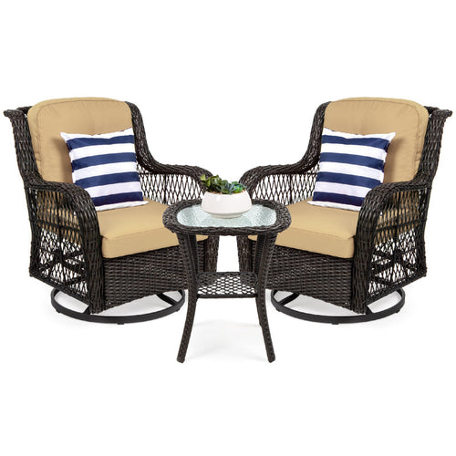 3-Piece Patio Wicker Bistro Furniture Set w/ 2 Swivel Rocking Chairs, Table