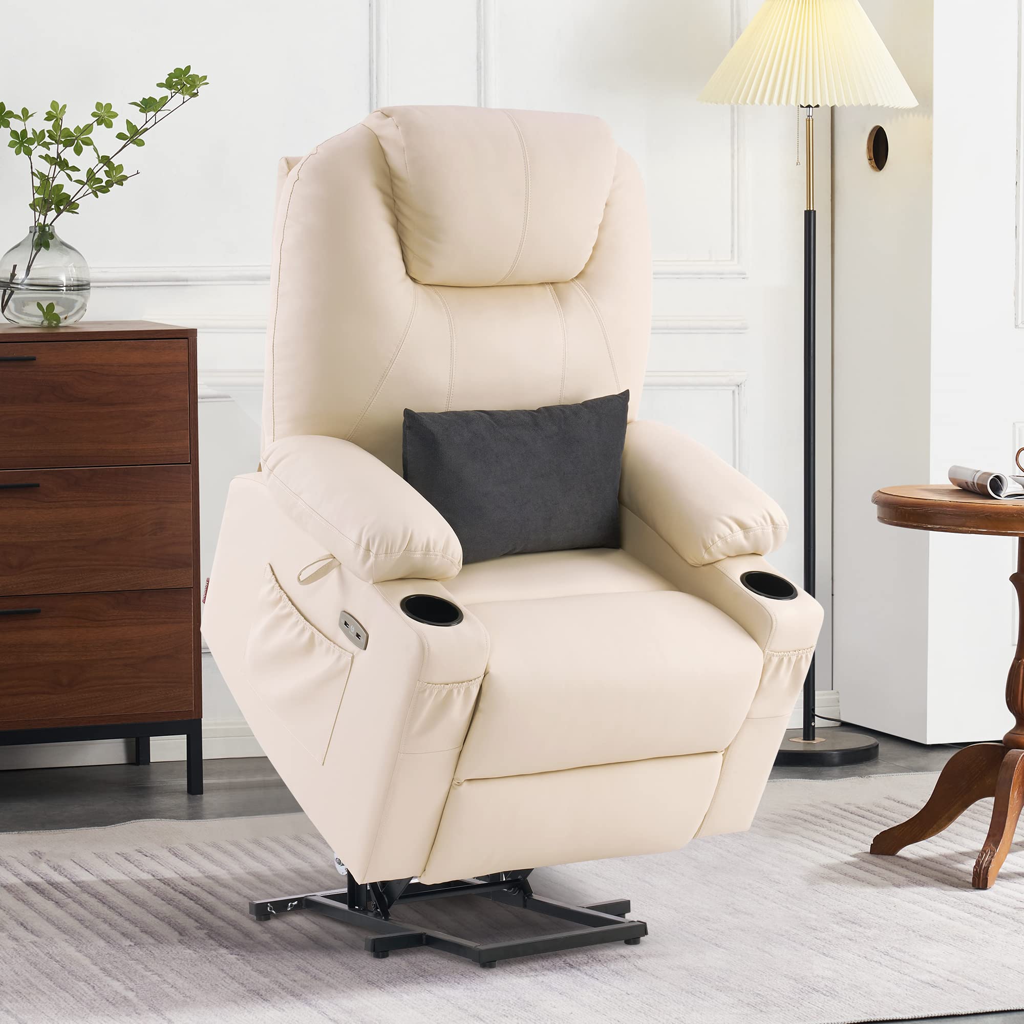 MCombo Large Lay Flat Dual Motor Power Lift Recliner Chair Sofa with Massage and Heat, USB Ports, Cup Holders, Extended Footrest！